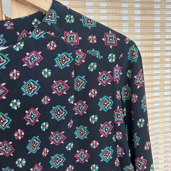Vintage Navy Floral Button-Up Long Sleeve Blouse - Picture 4 of 9